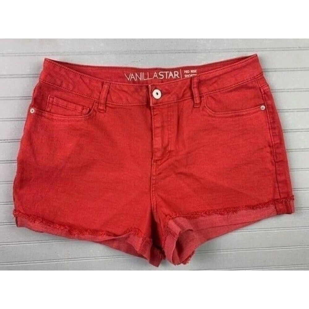 Vanilla Star Size 13 Womens Shorts Red Cut Off Cuff Mid Rise Shortie Stretch